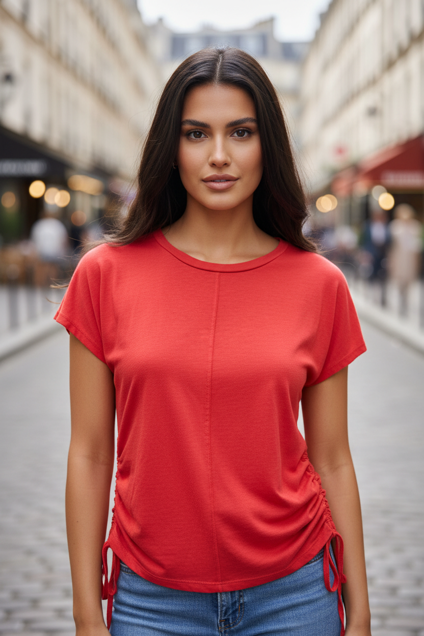 T-shirt rouge froncé - face