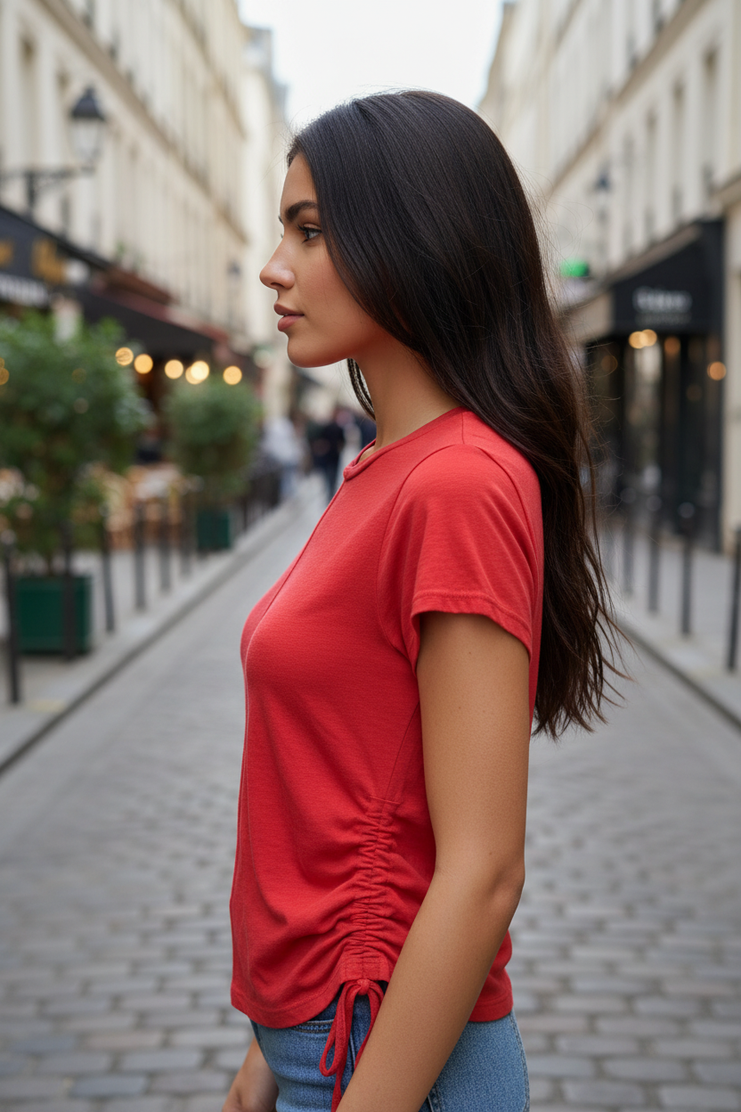 T-shirt rouge froncé - côté