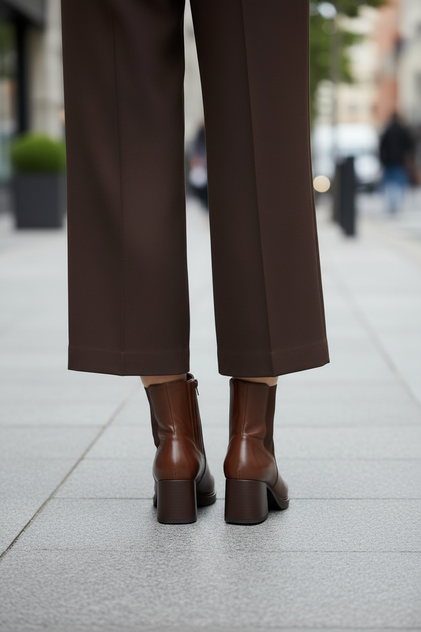 Bottines cuir caramel talon bloc vue dos fond urbain