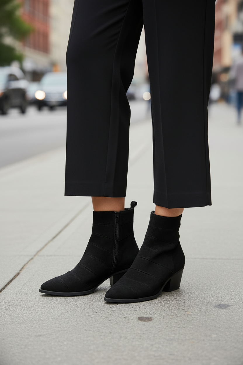 Bottines suède noir bout pointu vue 3/4 fond urbain