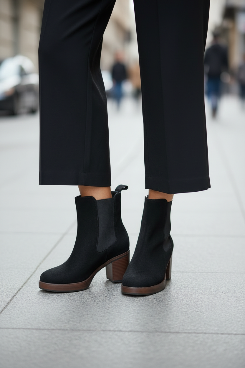 Chelsea boots suède noir talon bois vue de face fond urbain