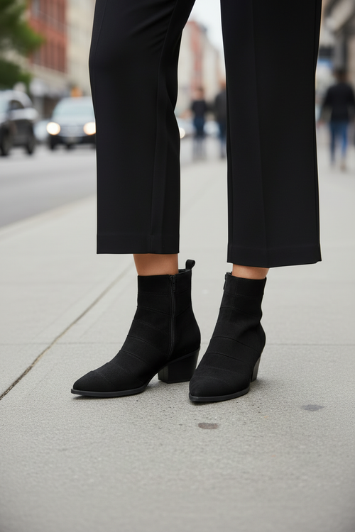 Bottines suède noir bout pointu vue de face fond urbain