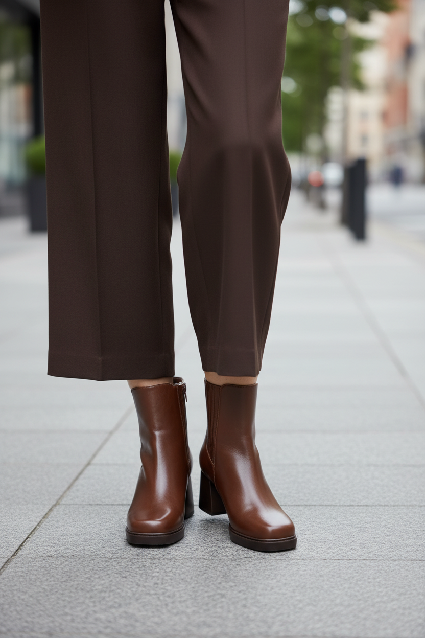 Bottines cuir caramel talon bloc vue de face fond urbain