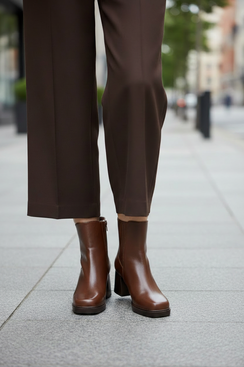 Bottines cuir caramel talon bloc vue 3/4 fond urbain
