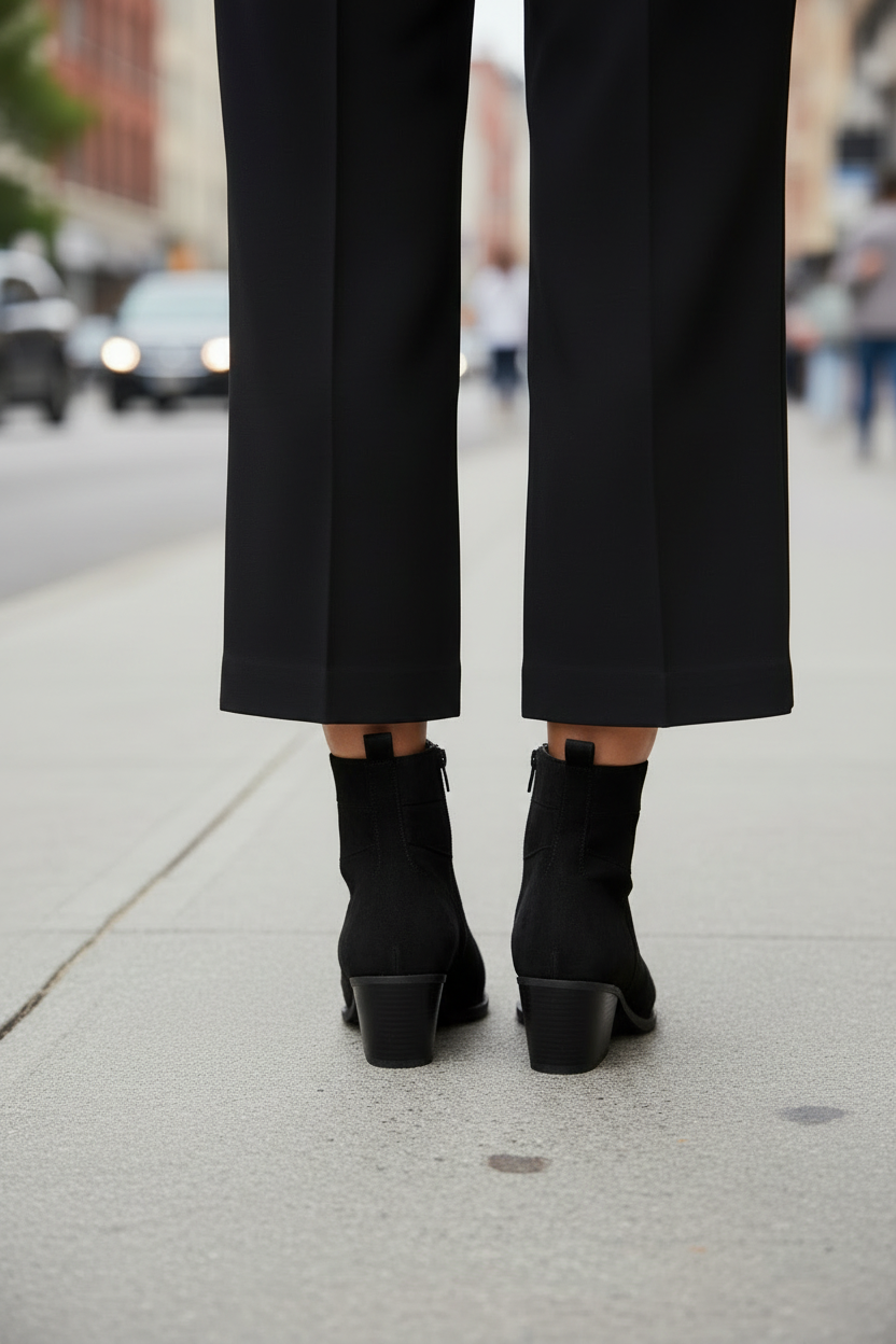 Bottines suède noir bout pointu vue dos fond urbain