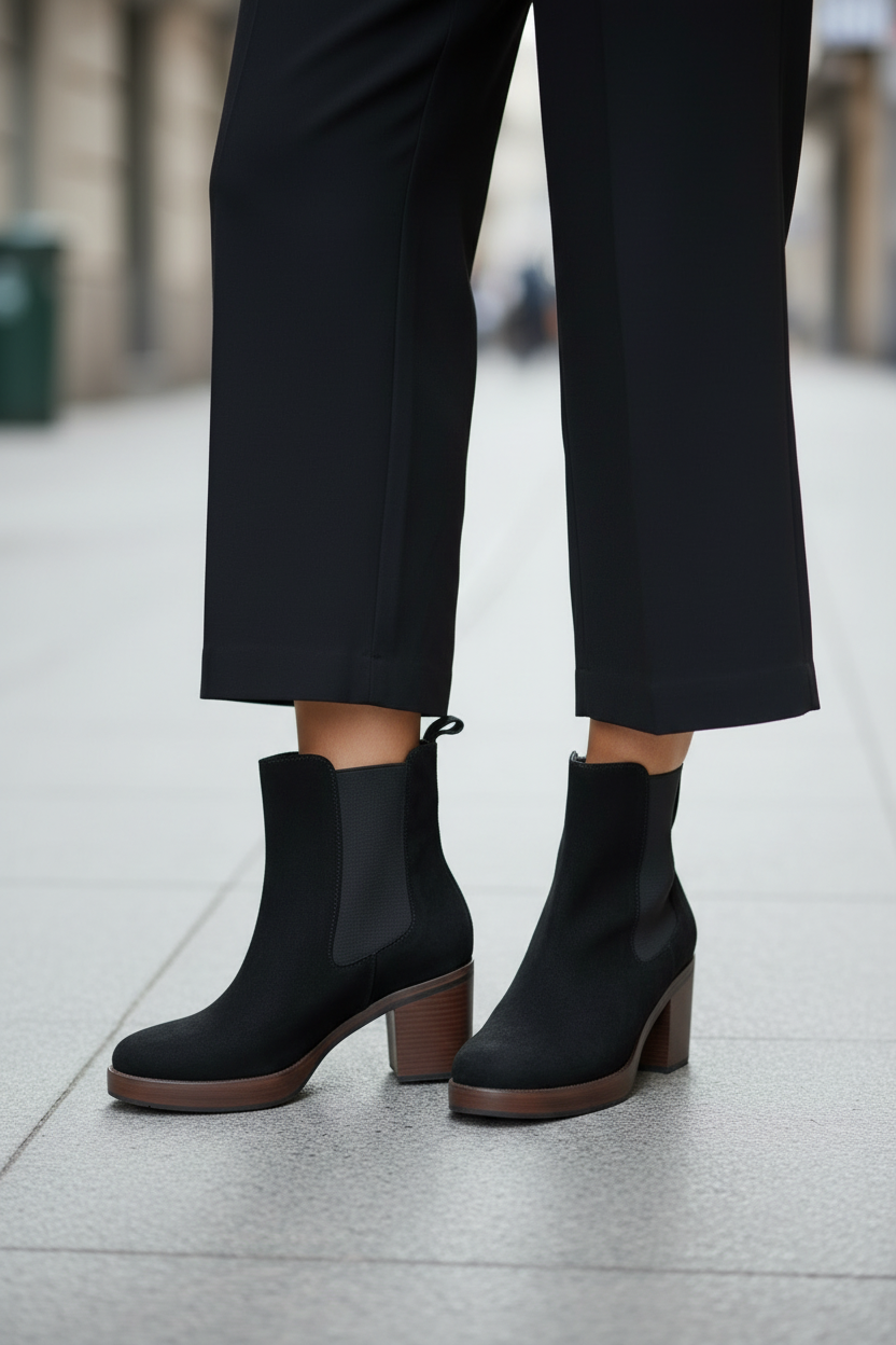 Chelsea boots suède noir talon bois vue 3/4 fond urbain