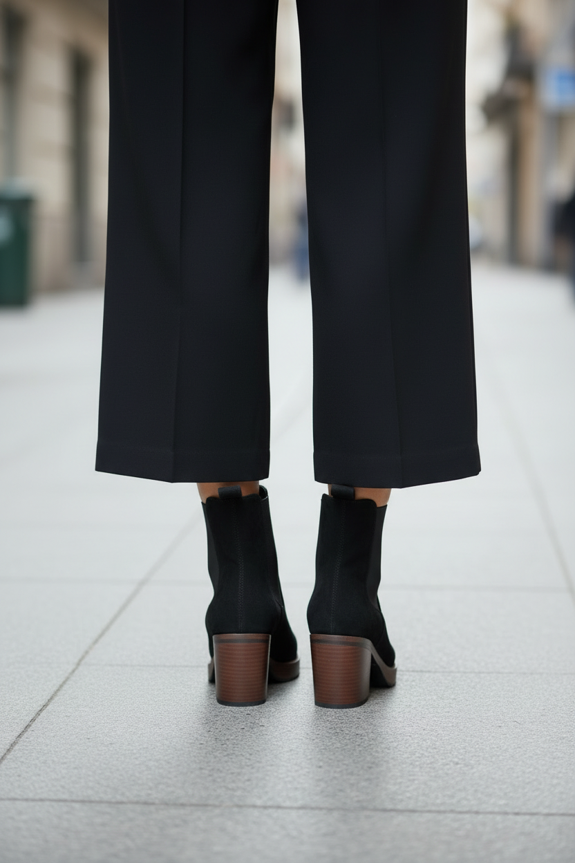 Chelsea boots suède noir talon bois vue dos fond urbain