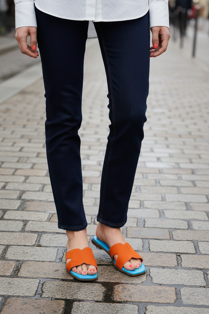 Mules H orange turquoise portées – face