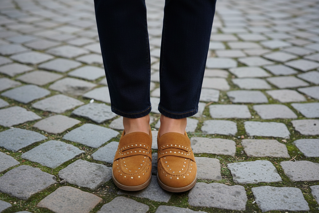 Mocassins camel portés – détail gros plan