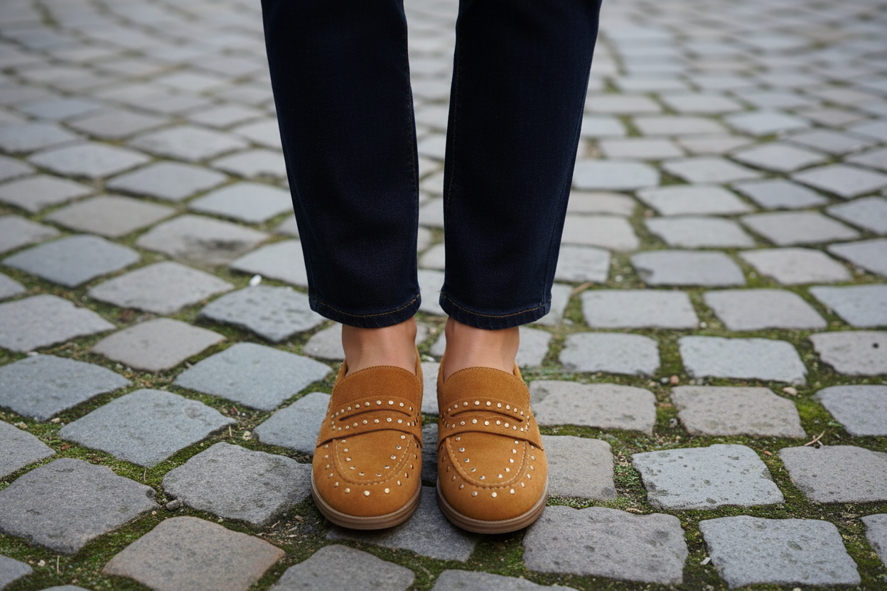 Mocassins camel portés – détail gros plan